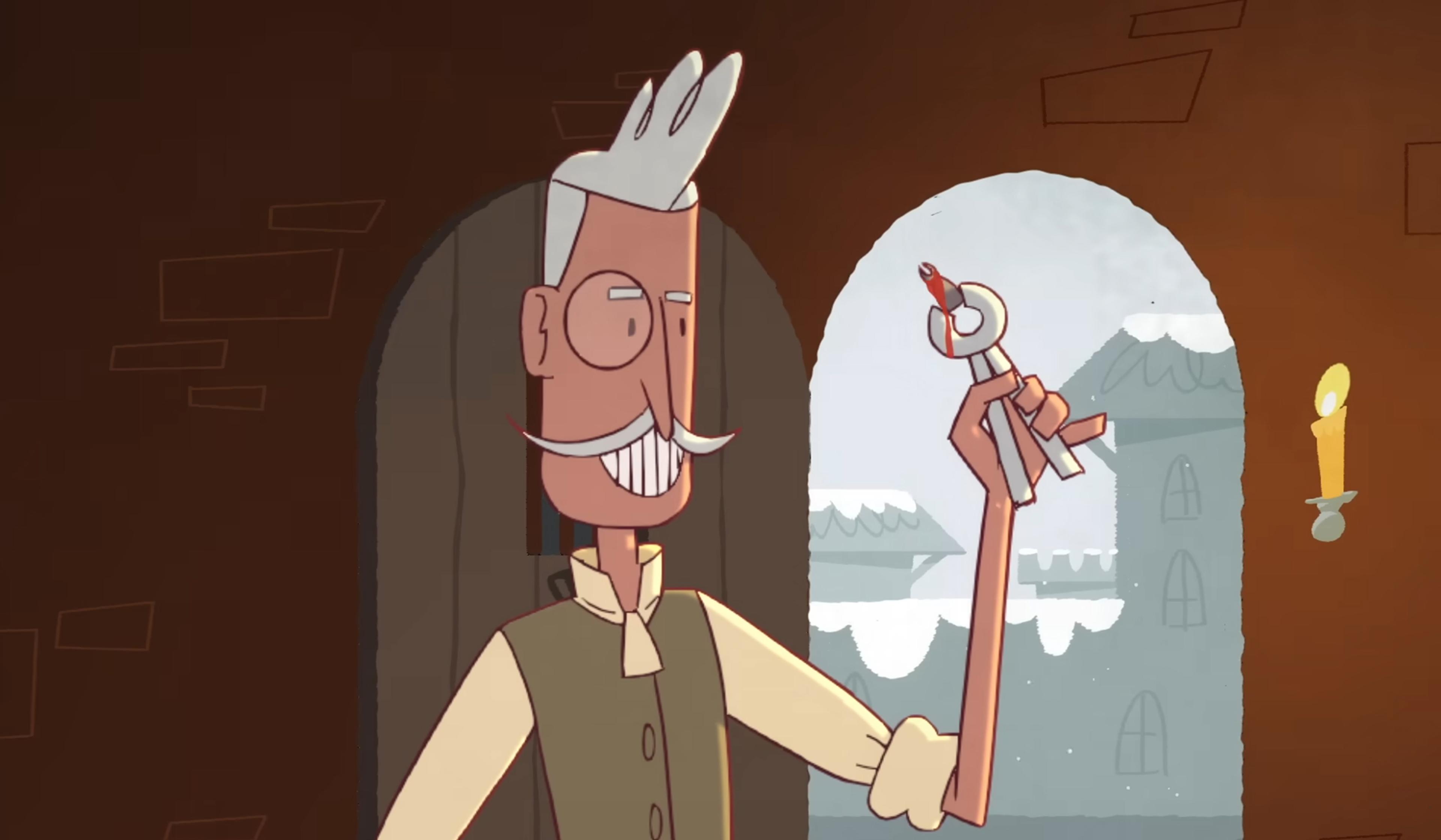Cartoon man with white hair and moustache smiling while holding pliers and a bloody tooth inside a candlelit building, against a snowy village background.